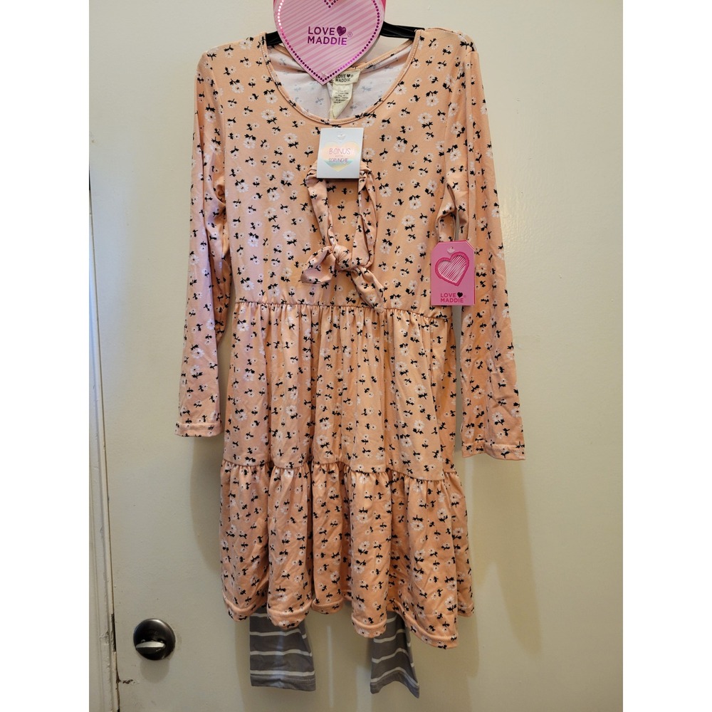 Love Maddie Girls FloraTiered Dress Striped Leggings & Scrunchie Set Size 12 210